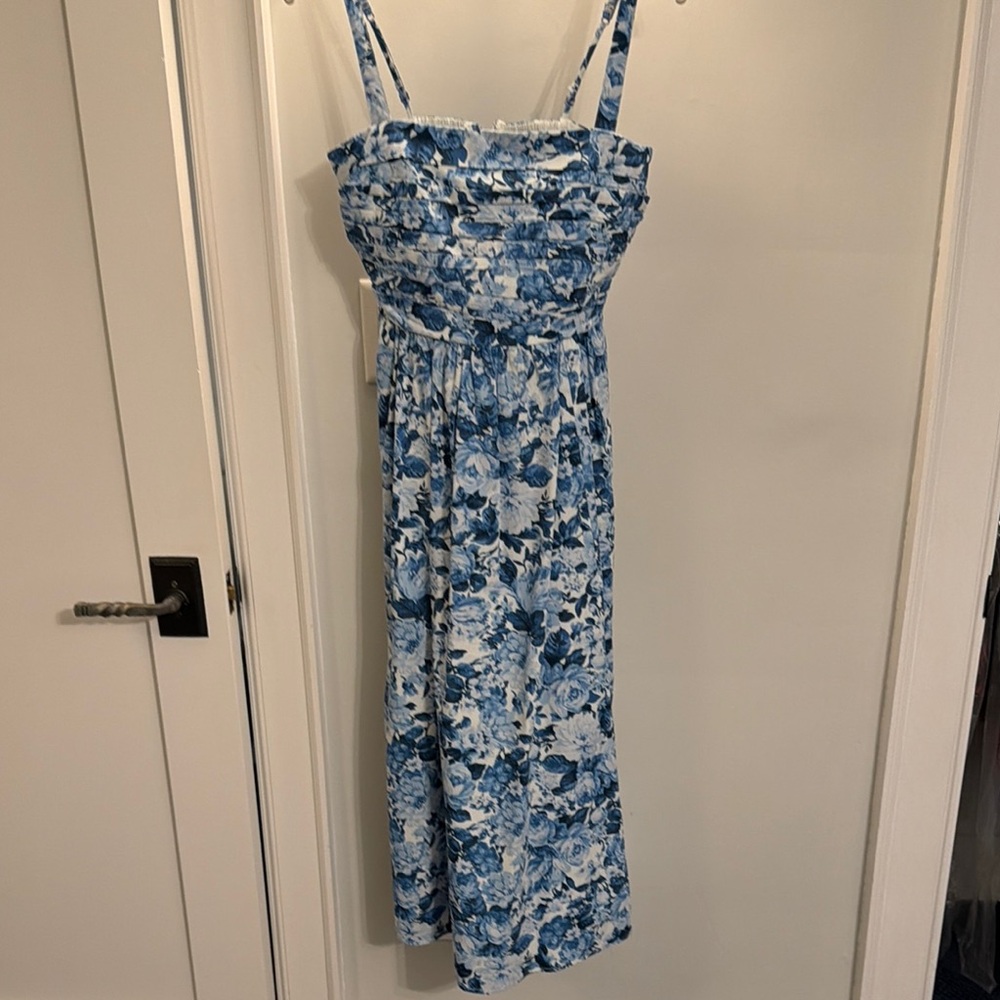 Blue Floral Maxi Dress with Smocked Bodice and Adjustable Straps